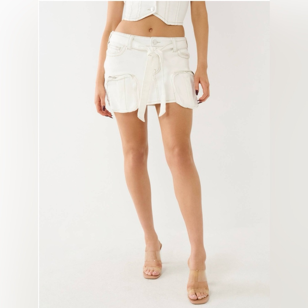 True Religion White Denim Cargo Mini Skirt Size 26 NWT